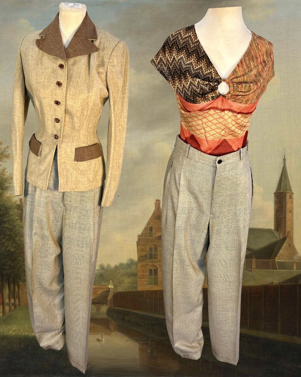Vintage Marcus Neiman Marcus High Waist Tan Houndstooth Pleated Trousers 30/31